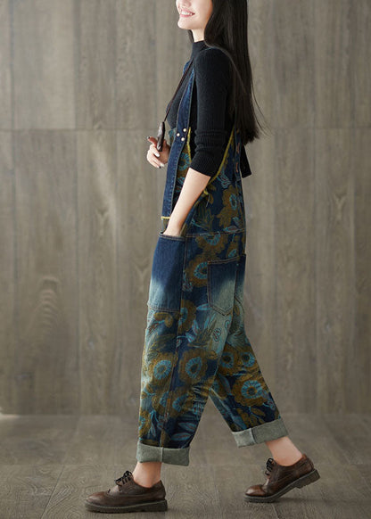 Navy Pockets Print Jeans Jumpsuit Spring