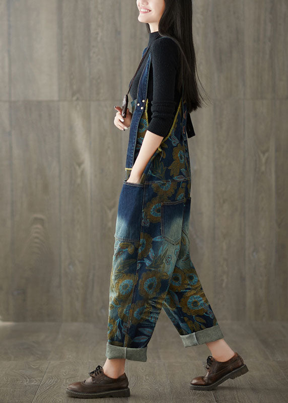 Navy Pockets Print Jeans Jumpsuit Spring
