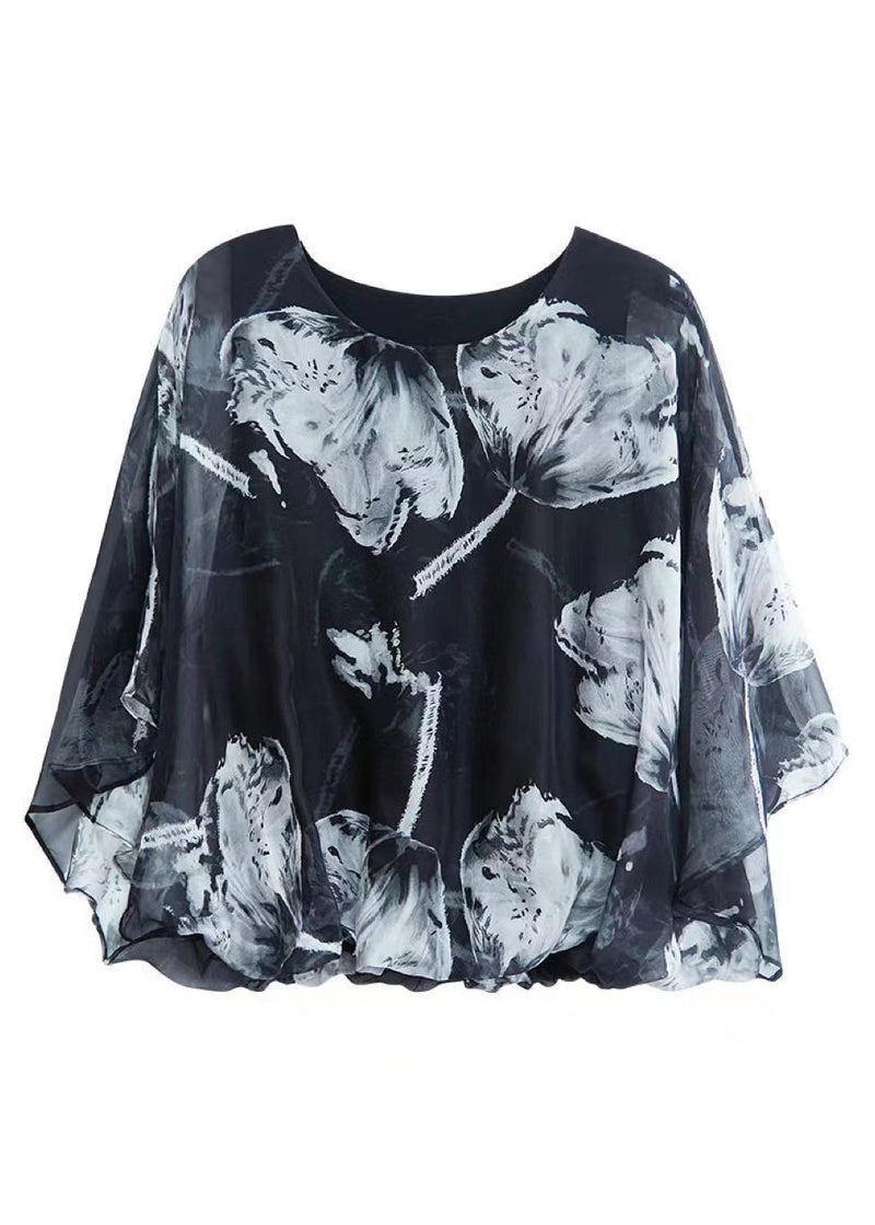 Style Black O-neck Print Asymmetrical Chiffon Shirt Fall