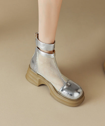Silk Chunky Cowhide Leather Breathable Mesh Splicing Boots