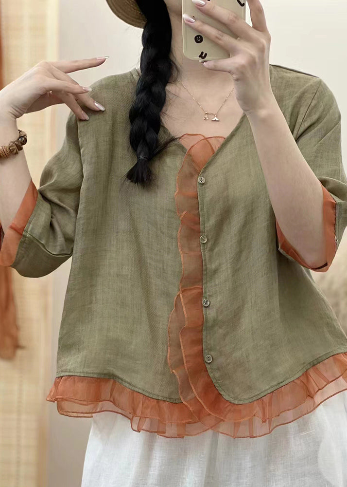 Blackish Green V Neck Organza Patchwork Button Ramie Shirt Fall