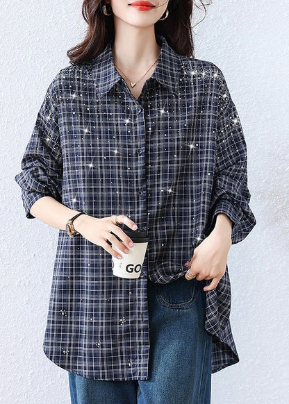 Blue Plaid Rhinestone Cotton Blouse Tops Fall