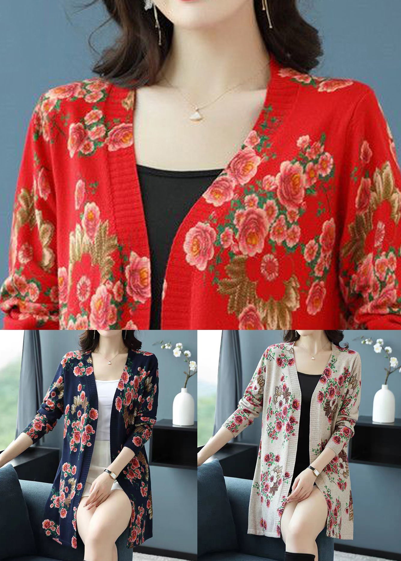Red V Neck Print Wool Knit Cardigan Long Sleeve