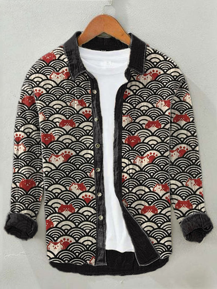 Japanese Art Wave and Cat Print Cozy Cotton Linen Shirt elevenforest