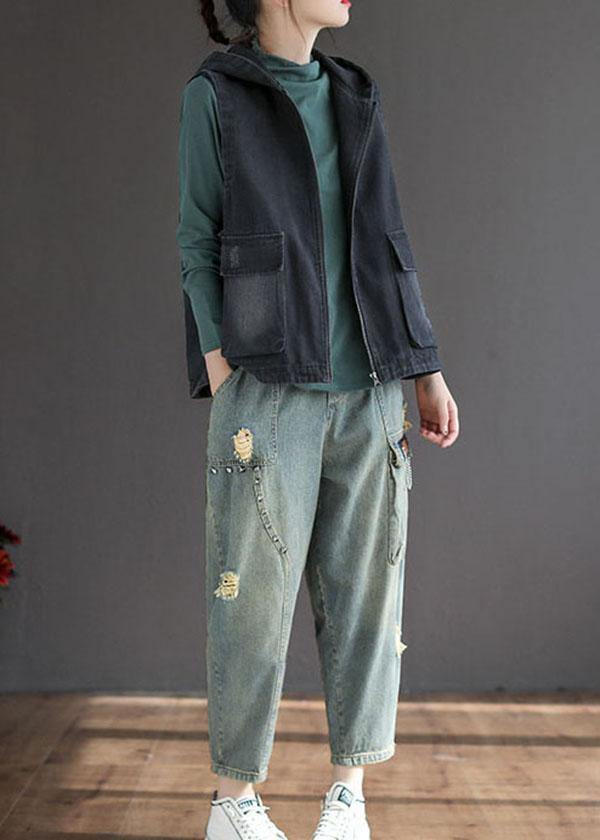 French Black Denim Hooded Patchwork Fall Waistcoat Sleeveless