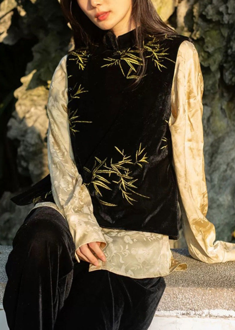 Black Stand Collar Embroideried Button Velour Waistcoat Sleeveless