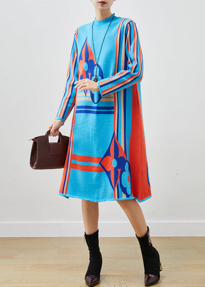 Blue Stand Collar Print Knit a Line Dress Spring
