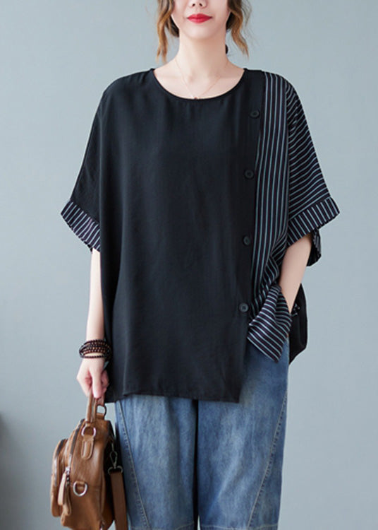 Novelty Black O-neck Striped Patchwork Button Cotton T Shirts Half Sleeve