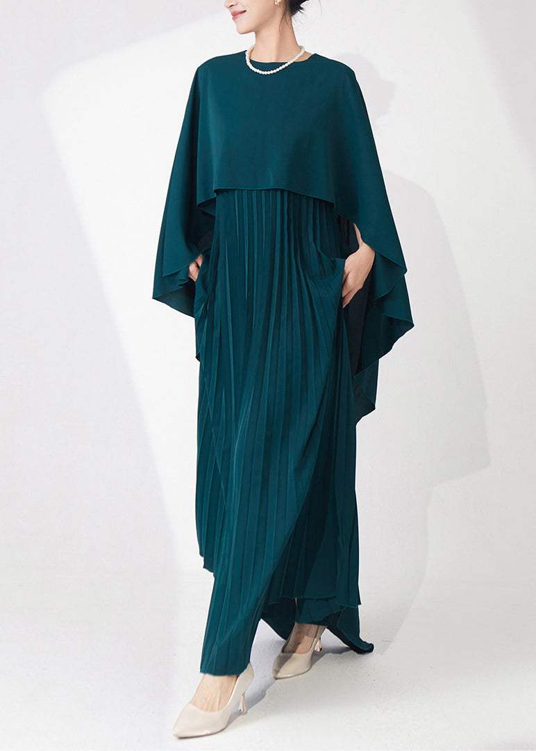 Teal Cape-style Wrinkled Chiffon Party Dress Fall