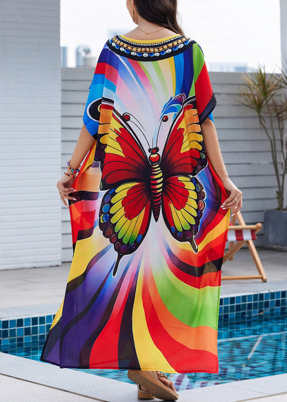 Rainbow Butterfly Print Side Open Maxi Dress Summer