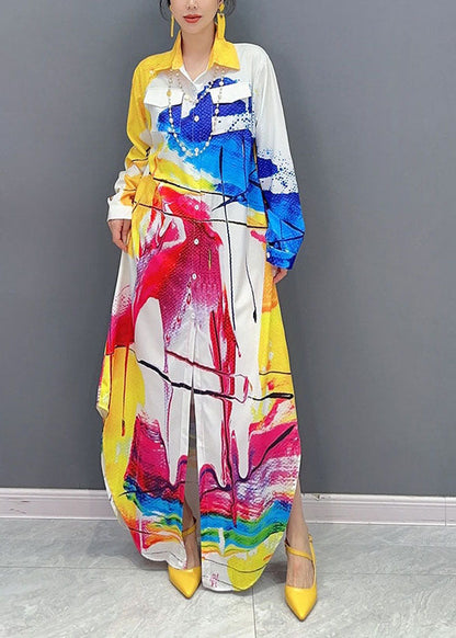 Colorblock Peter Pan Collar Print Button Maxi Shirts Dress Fall