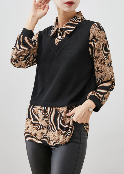 Leopard Print Patchwork Cotton Fake Two Piece Shirt Top Fall