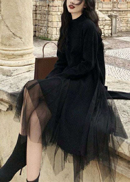 Art Black Asymmetrical Side Open Knit Sweater and Tulle Skirt Two Pieces Set Spring