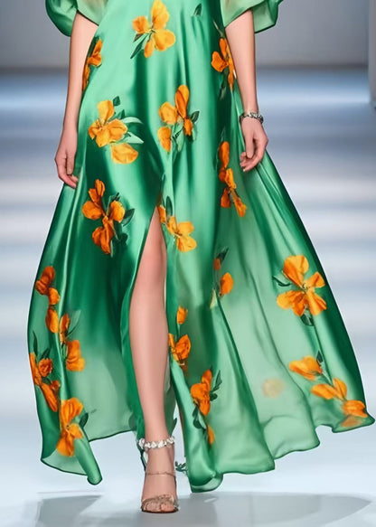 Peacock Green Print Side Open Silk a Line Dresses Summer