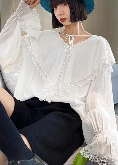 French White V Neck Patchwork Cotton Flare Sleeve Shirt Top Spring