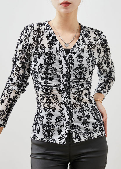 Black Jacquard Silm Fit Cotton Blouses Spring