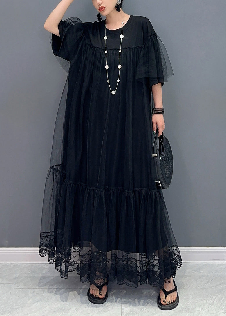 Black O Neck Wrinkled Patchwork Tulle Dress Summer