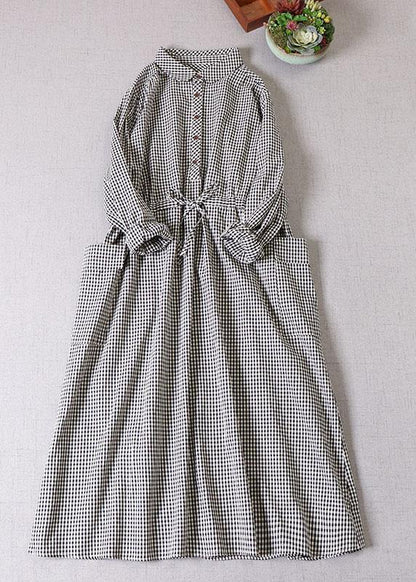 Black White Plaid Pockets Button Tie Waist Fall Patchwork Dress Long Sleeve