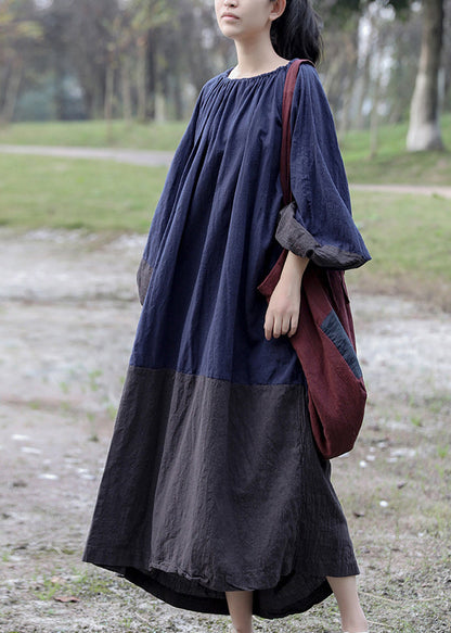 Gradient Color Colorblock O-neck Patchwork Long Dresses Spring