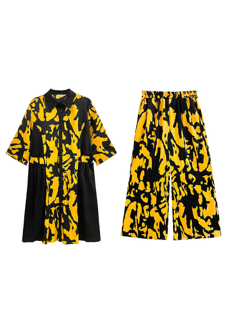 Yellow Peter Pan Collar Patchwork Silk Shirt Wide Leg Pants Two Pieces Set Spring