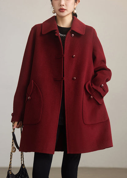 Red Peter Pan Collar Button Woolen Coats Spring