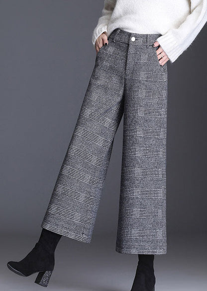 Italian Grey Plaid Pockets Straight Fall Pants