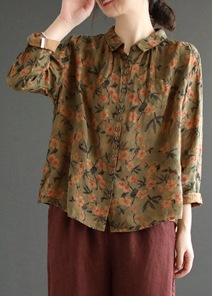 Brown Peter Pan Collar Button Linen Shirt Long Sleeve