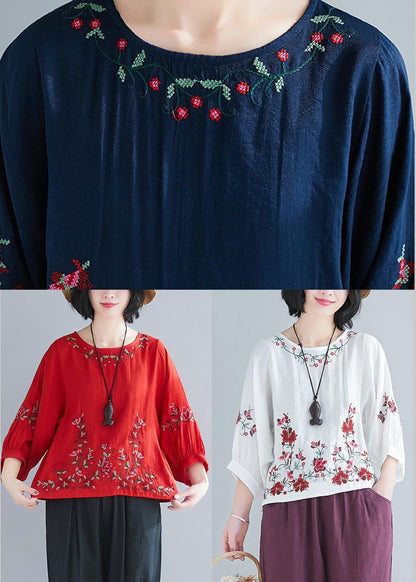 Fitted Red Lantern Sleeve Summer Cotton Linen Top