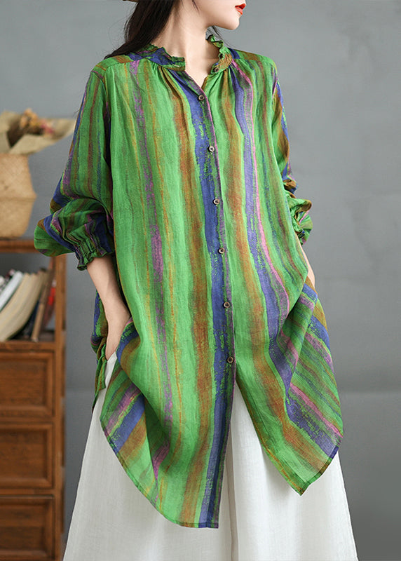 Green Ruffled Stand Collar Striped Cotton Shirt Top Fall