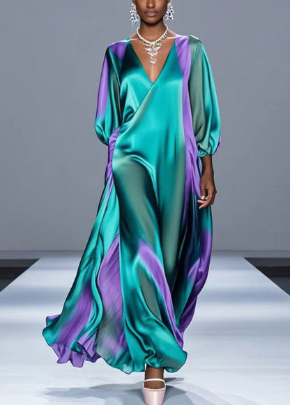 Green Oversized Tie Dye Silk Robe Dresses Bracelet Sleeve