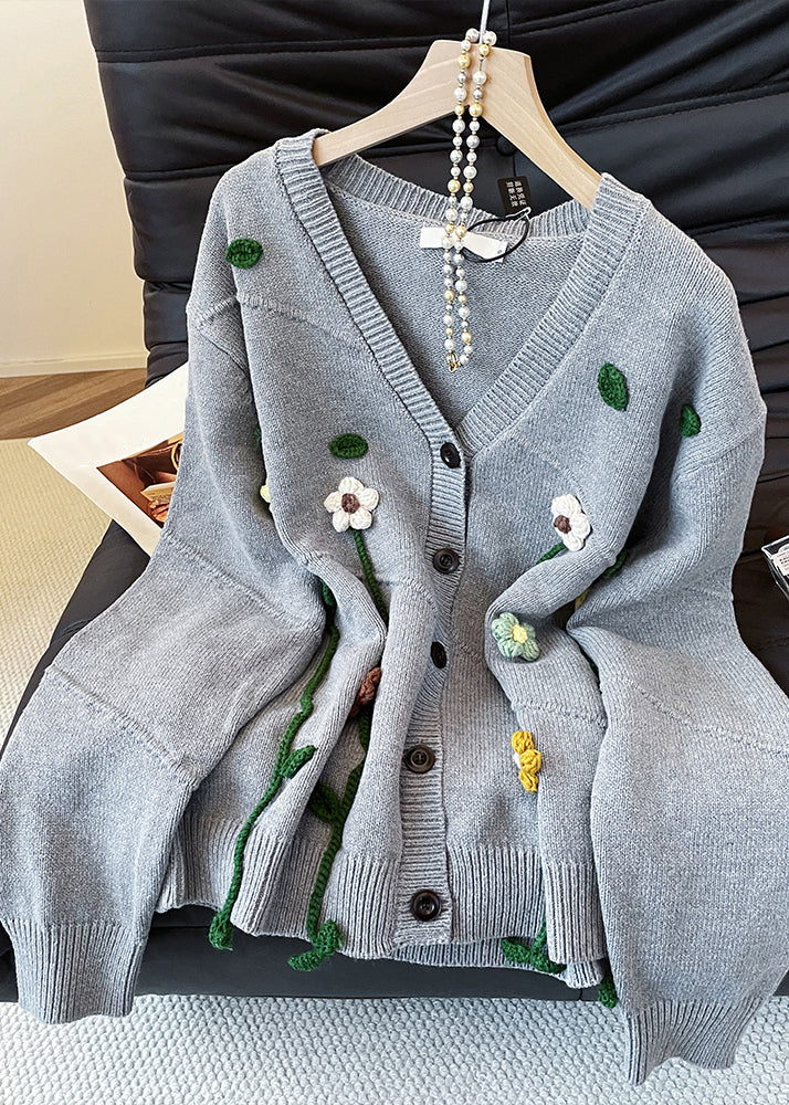Loose Grey V Neck Button Knit Coats Fall