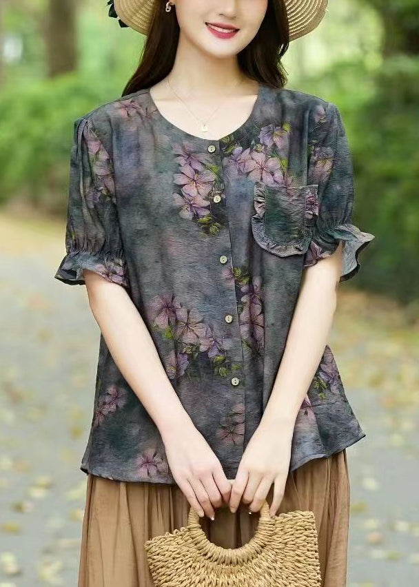 Loose Light Green Print Button Patchwork Linen Shirts Summer