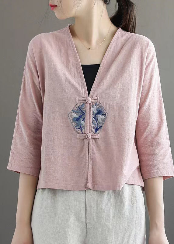 White Retro Embroideried Patchwork Summer Linen Blouse