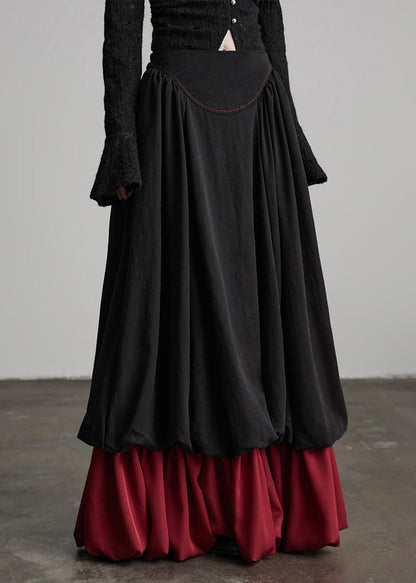 Black Wrinkled Patchwork False Two Pieces Cotton Skirts Fall