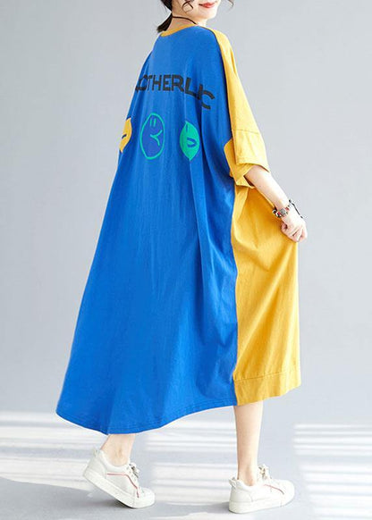 Style Yellow Patchwork Blue Summer Holiday Dress Half Sleeve
