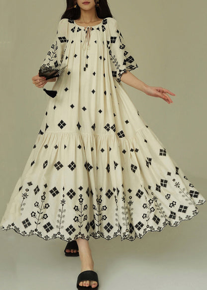 French White Print Wrinkled Cotton Long Dress Summer