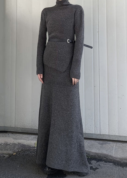 Grey Turtle Neck Asymmetrical Design Knit Two Pieces Set Winter
