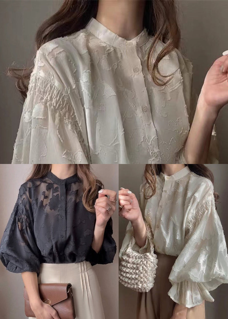 Apricot Jacquard Chiffon Sheer Shirt Lantern Sleeve