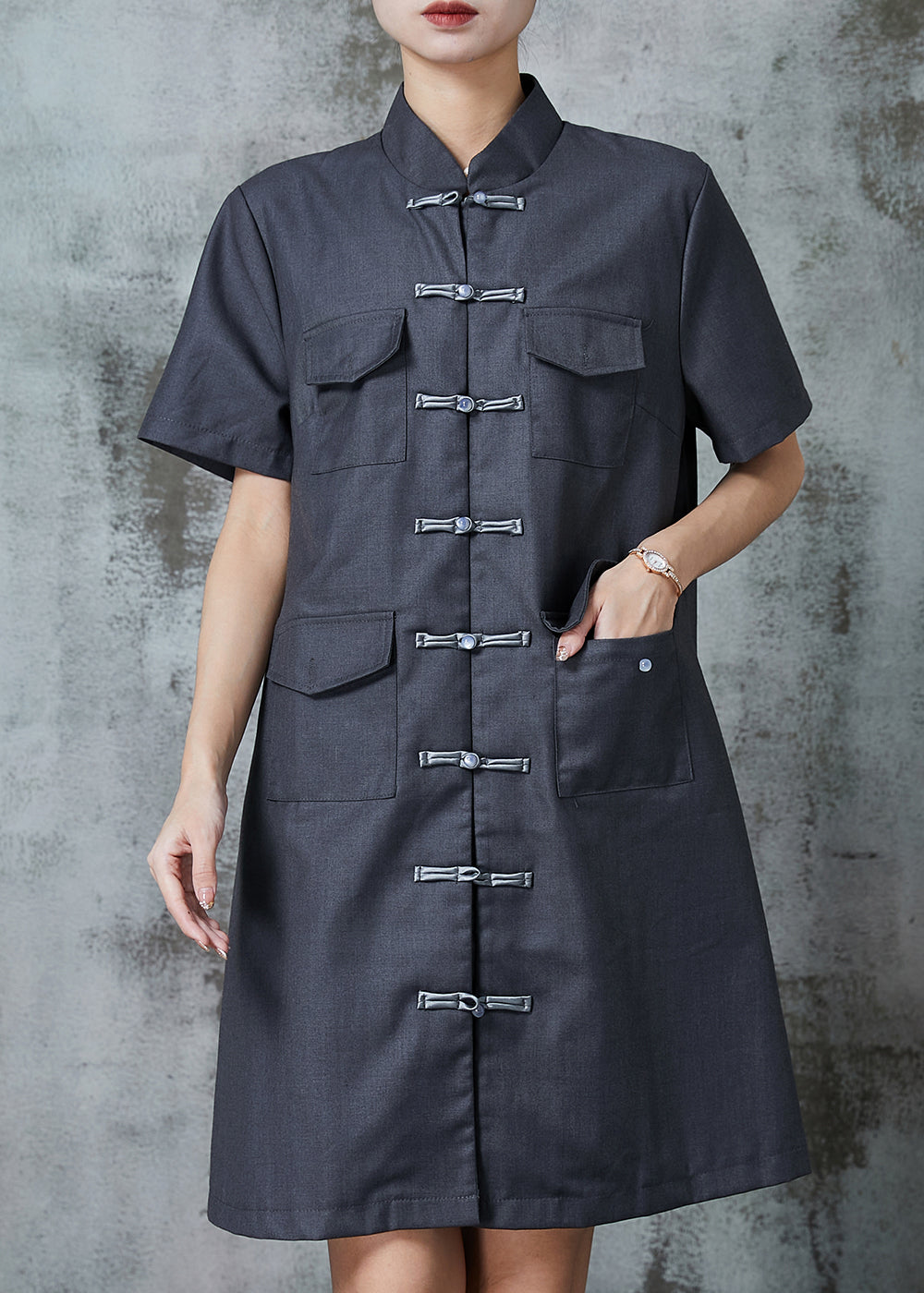 Grey Chinese Button Pockets Linen Dress Summer