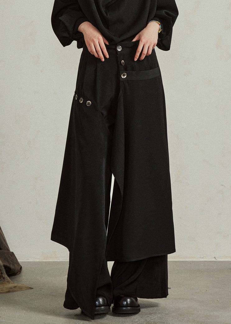 Modern Black Asymmetrical Button Pockets Cotton Pants Fall