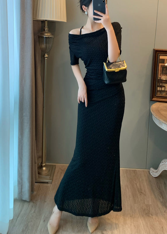 Black Slash Neck Silm Fit Long Dress Summer