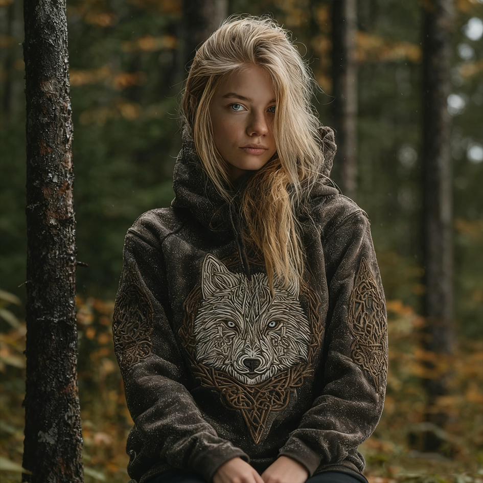Comstylish Vintage Viking Style Wolf Totem Women's Hooded Sweatshirt