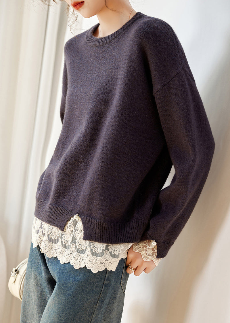 Deep Purple Lace Patchwork Cotton Knit Sweaters Fall