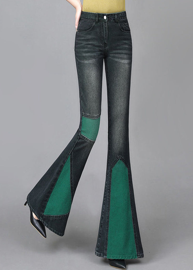 Green Asymmetrical Patchwork Denim Flare Bottoms Spring
