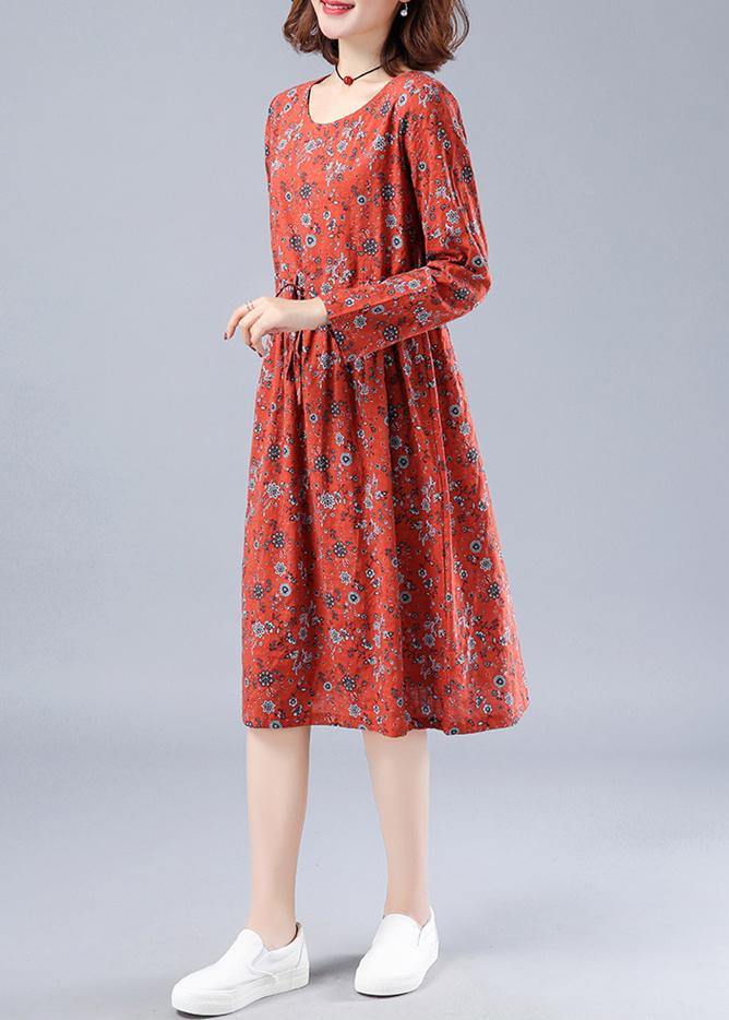Red Print Wardrobes O Neck Drawstring Loose Spring Dresses