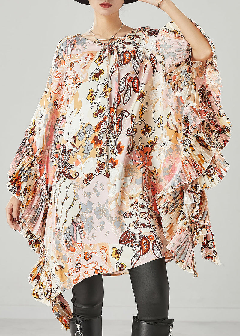 Art Apricot Print Ruffles Chiffon Maxi Dress Batwing Sleeve Spring