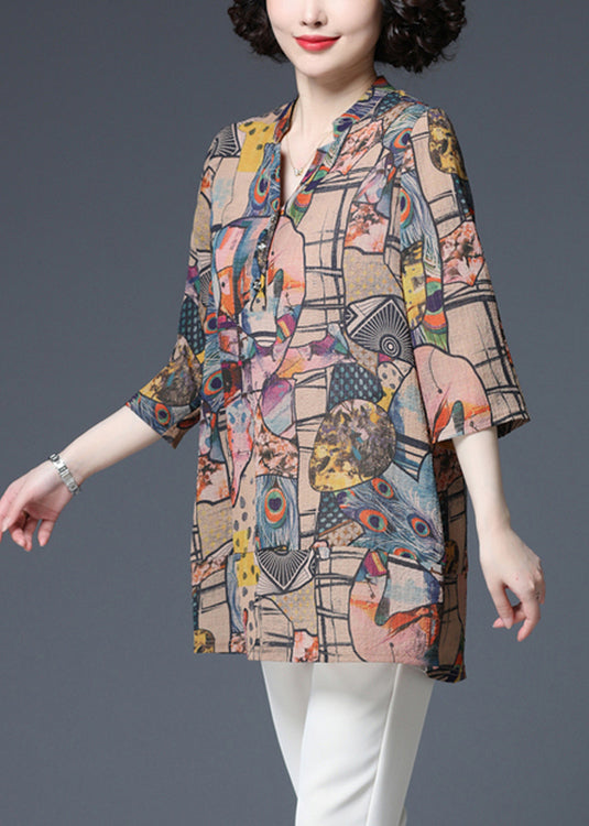 Modern V Neck Print Button Thin Shirt Top Three Quarter Sleeve