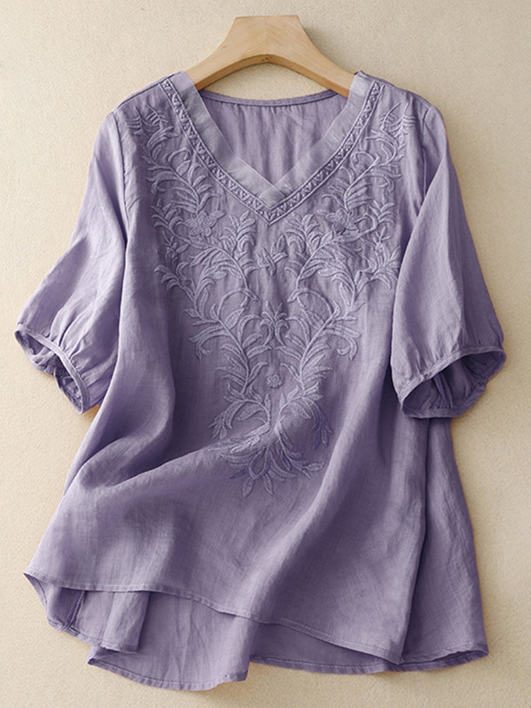 Comstylish Women's Embroidery Pattern Linen Blend Comfort Shirt