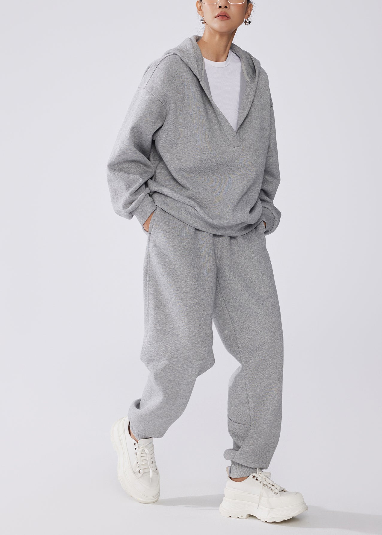 Loose Grey Hooded Sweatshirt and Pants Warm Fleece Two Pieces Set Winter