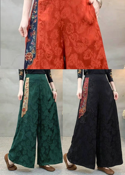 Style Black Embroidered Patchwork Silk Pants Spring